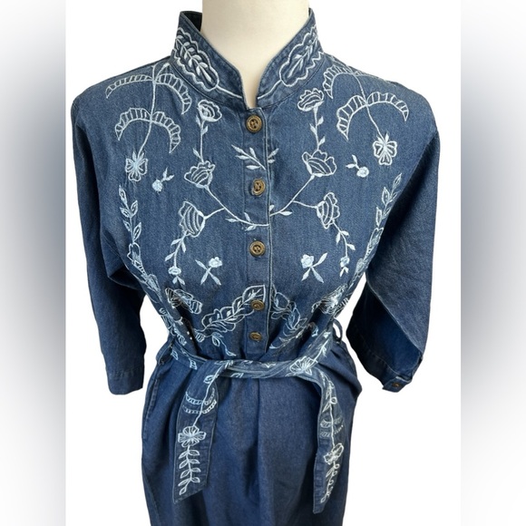 Marisol Denim Floral Embroidered Cottagecore Western Boho Belted Shirt Dress - Picture 2 of 6